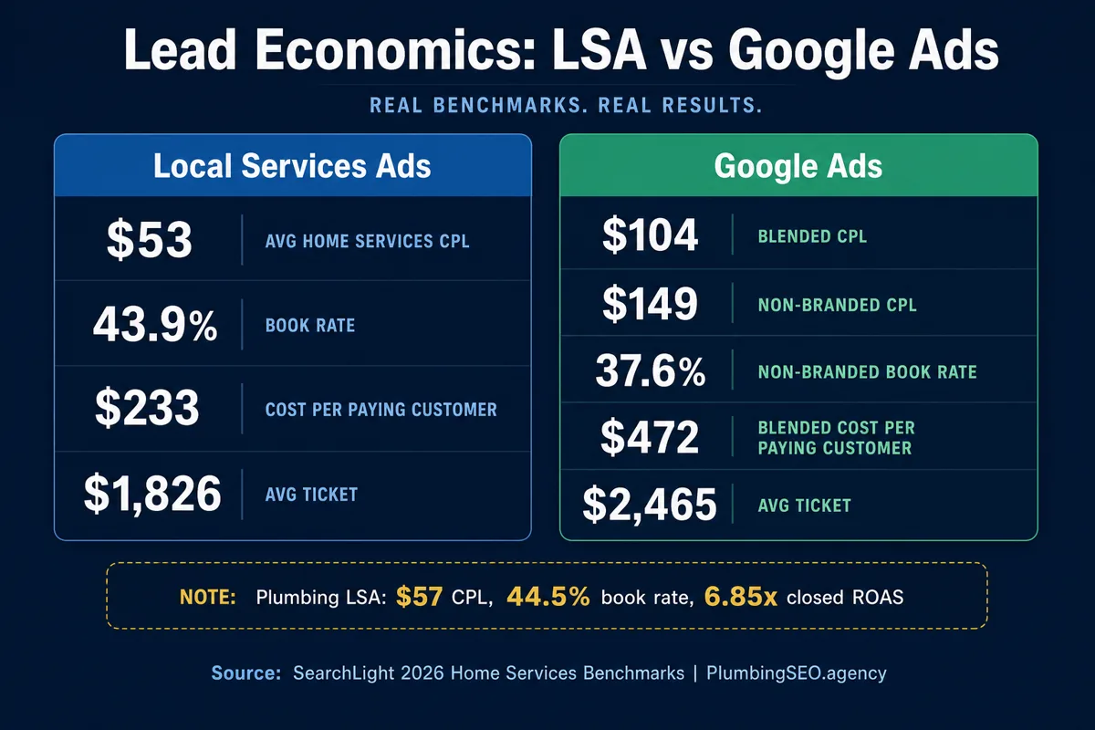 Local Services Ads versus Google Ads lead economics showing cost per lead, booking rate, cost per customer, and average ticket benchmarks.