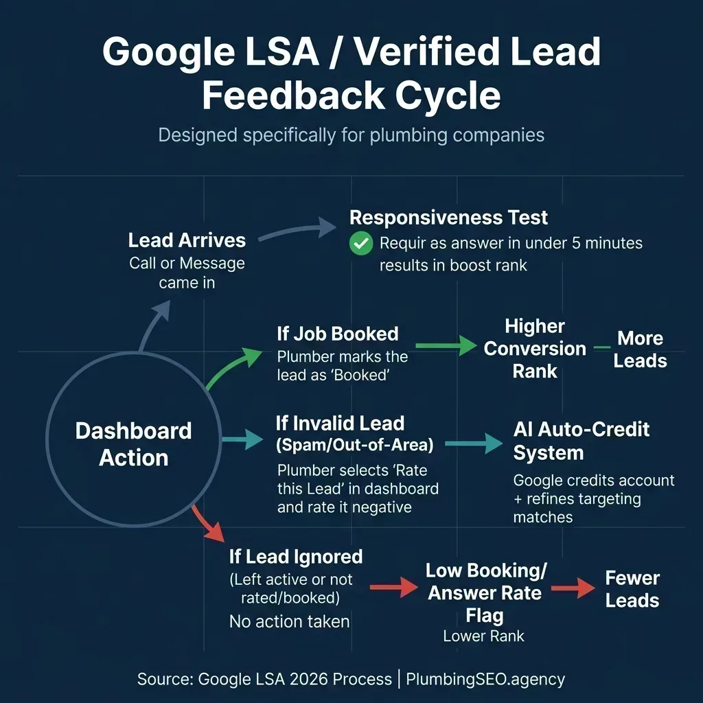 Google LSA Lead Feedback Cycle showing lead arrival, responsiveness test, and dashboard actions for booked, invalid, or ignored leads