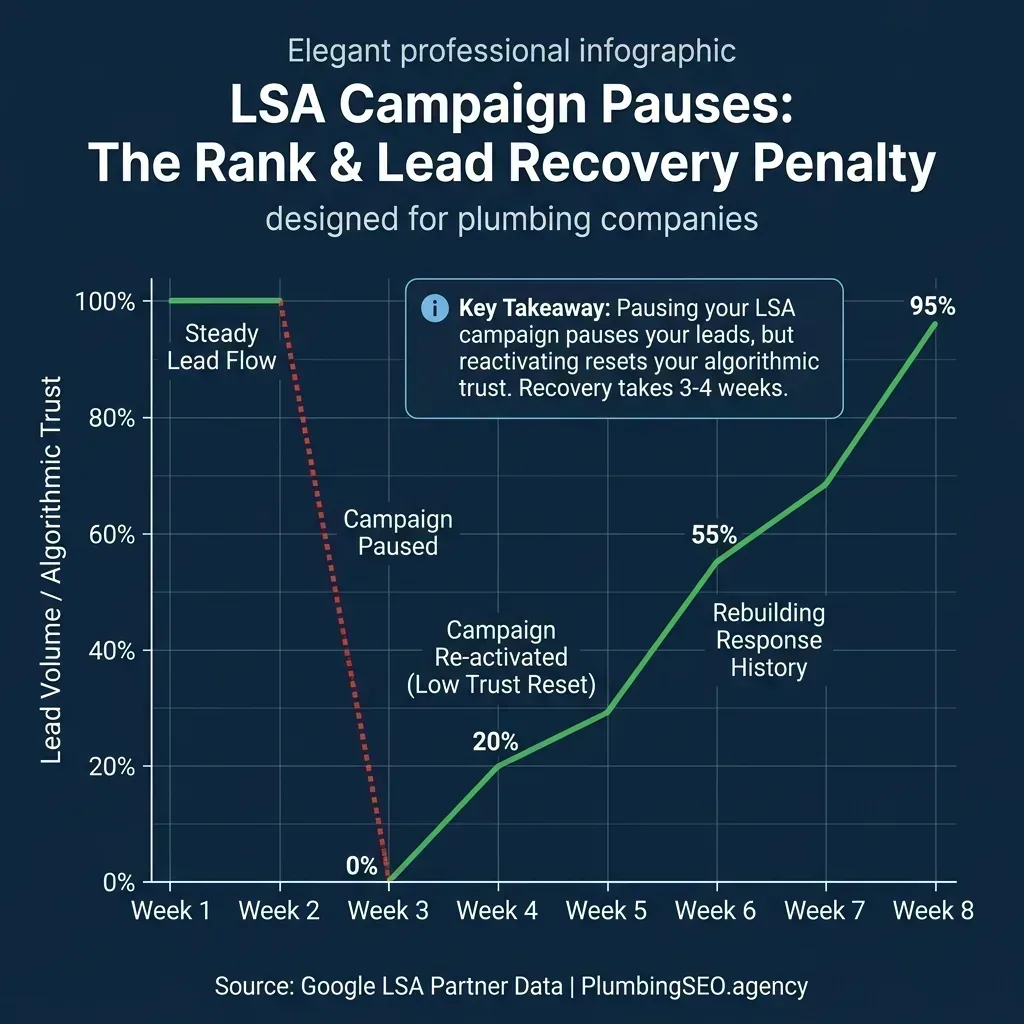 Graph showing LSA Lead volume recovery curve after pausing campaign, showing a 3-4 week lag to regain full visibility