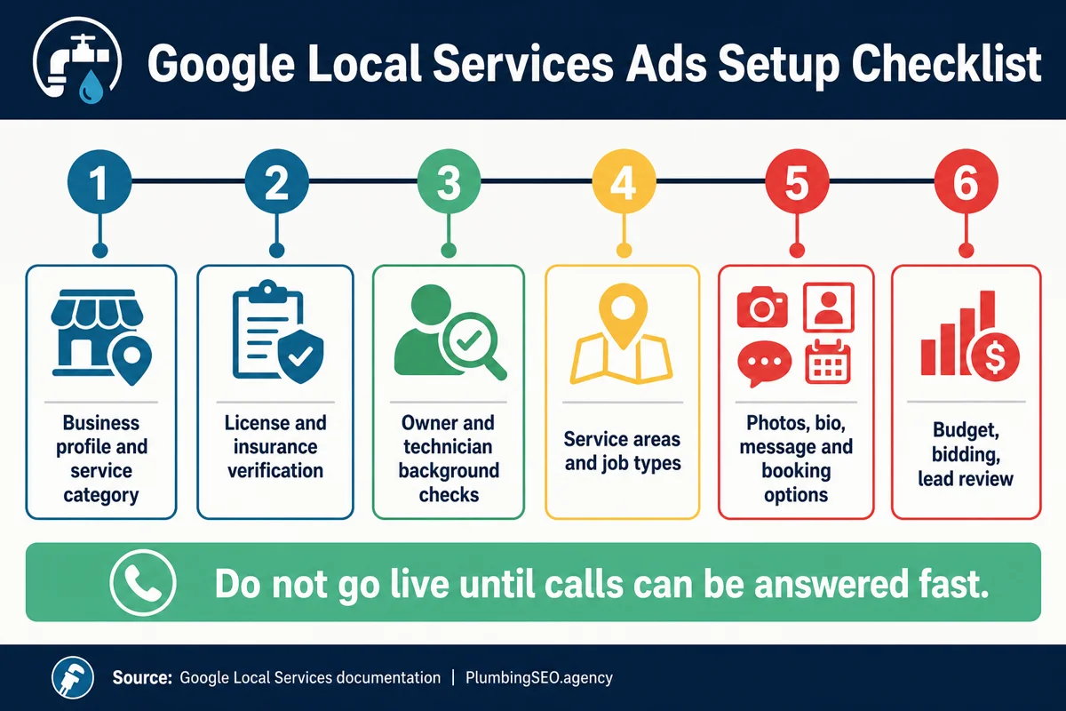 Infographic checklist for Google Local Services Ads setup for plumbers, including profile, verification, job types, photos, bidding, and lead review