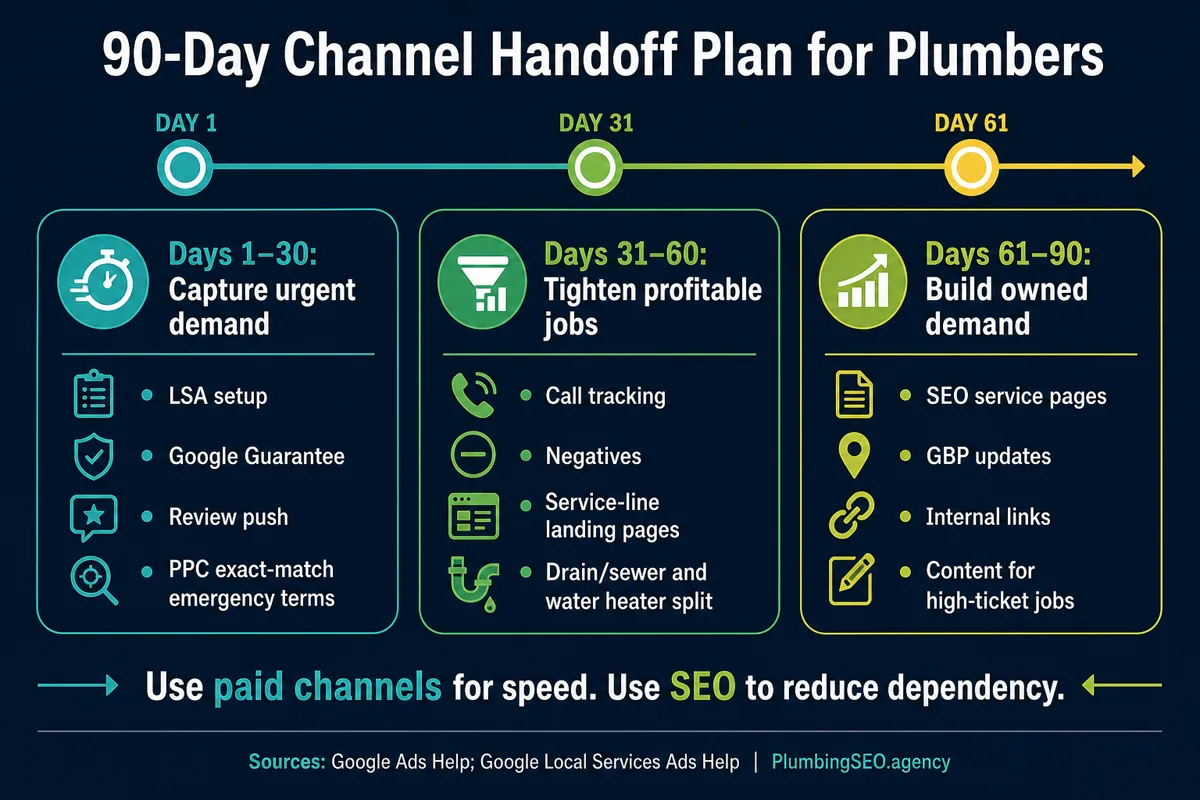 Ninety day handoff plan for plumbing LSA PPC and SEO channels