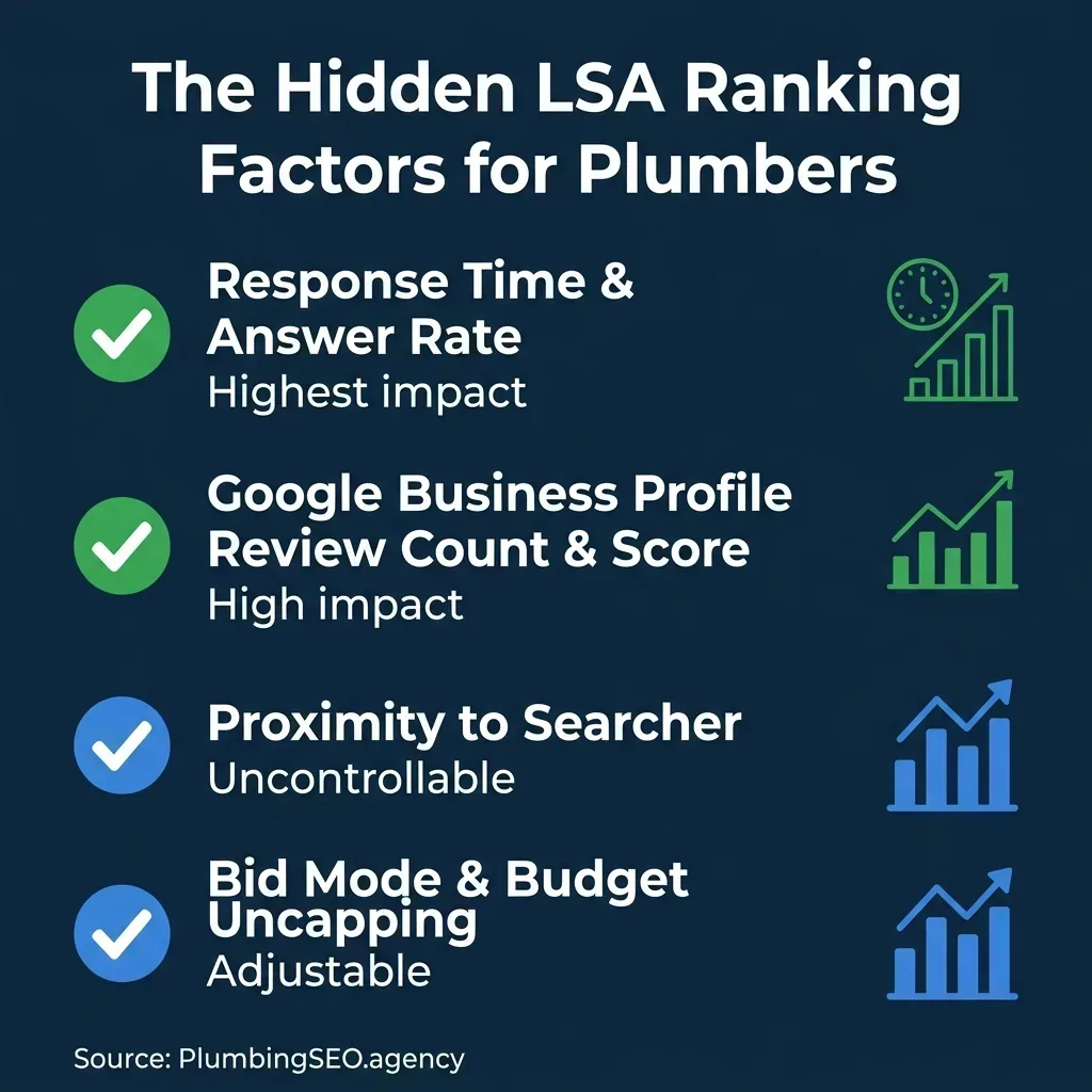 The hidden ranking factors for Google Local Services Ads, including responsiveness, reviews, radius targeting, and budget uncapping.