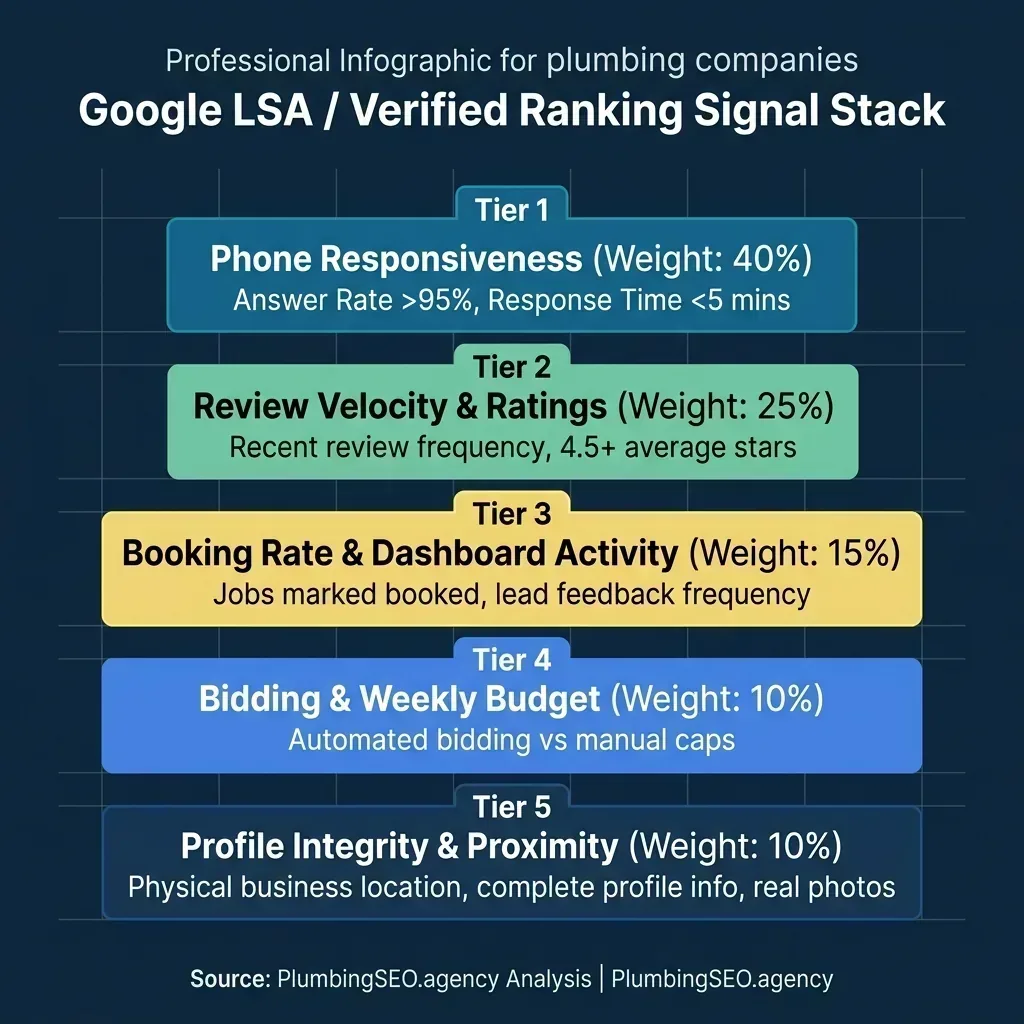 Google Local Services Ads ranking factors stack showing responsiveness, reviews, and dashboard activity weights
