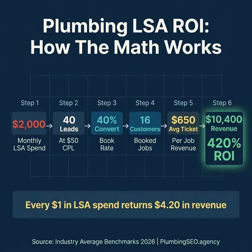 Plumbing LSA ROI calculation flow showing $2,000 monthly spend producing 40 leads at $50 CPL, converting at 40% to 16 customers at $650 average ticket, generating $10,400 revenue for a 420% ROI