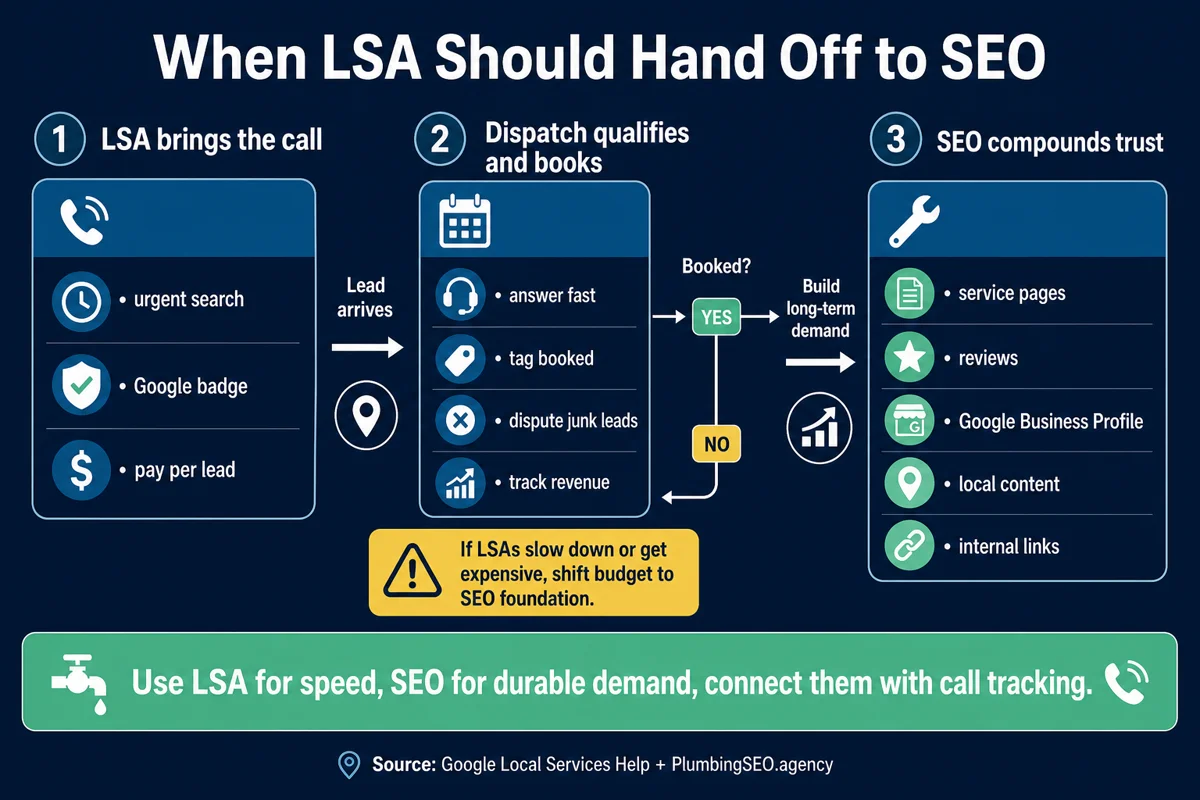 Infographic showing how Google Local Services Ads hand off to SEO through call handling, booked-job tracking, service pages, reviews, Google Business Profile, local content, and internal links