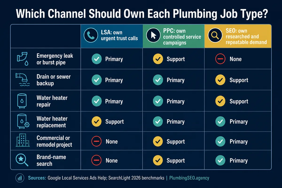 LSA PPC and SEO channel ownership matrix for plumbing job types
