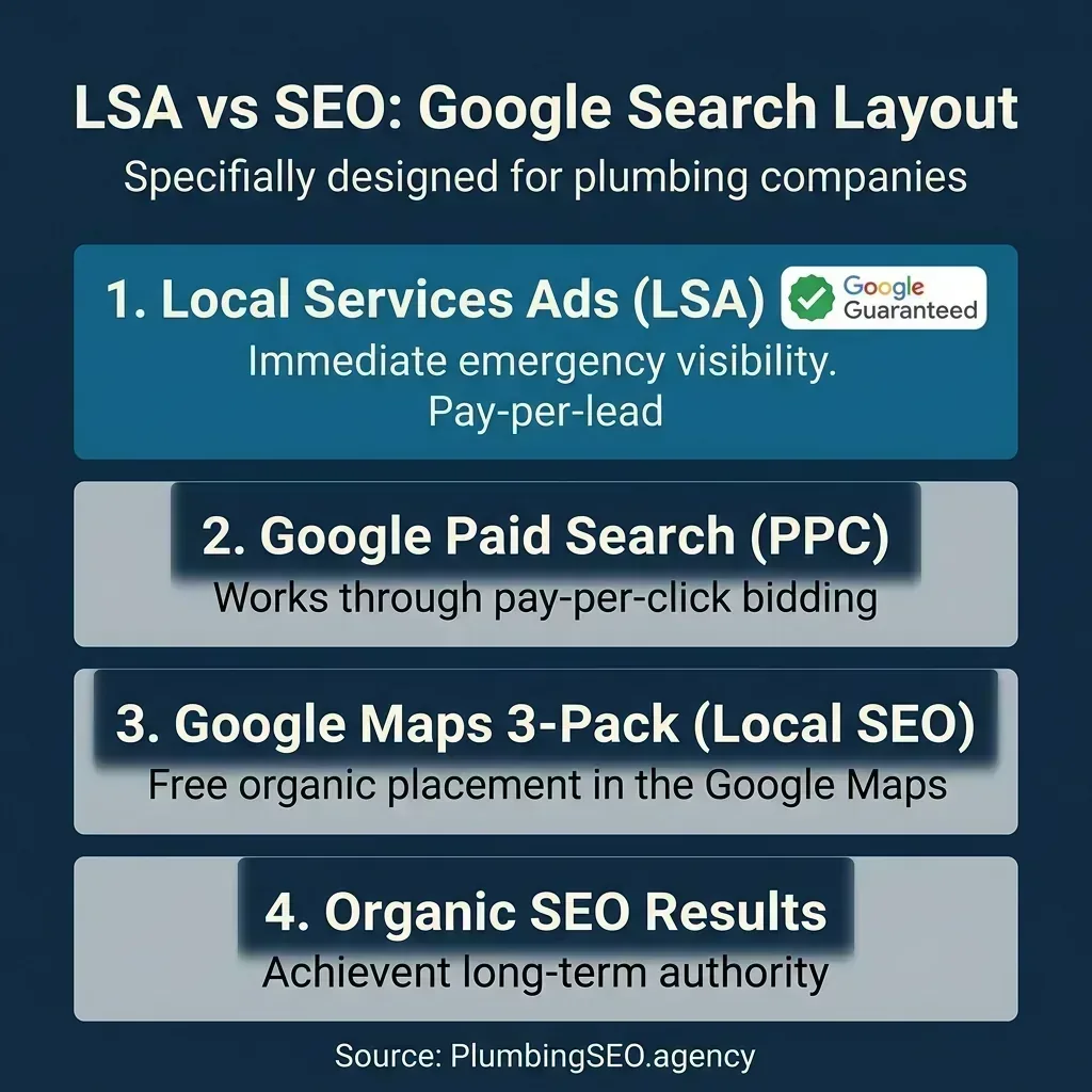 Google SERP layout diagram showing the LSA section at the top, Google Maps 3-Pack in the middle, and traditional organic SEO results below