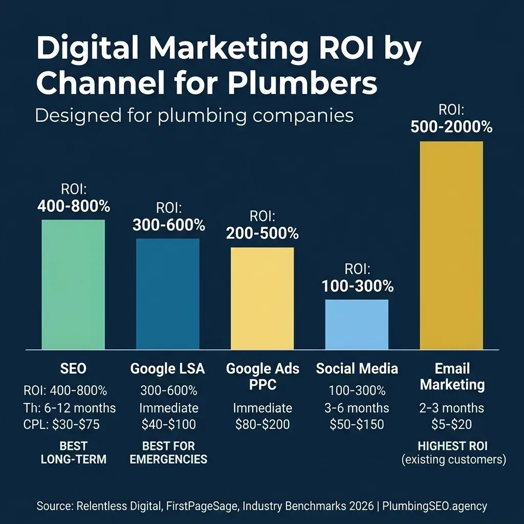 Digital Marketing ROI by Channel for Plumbers - SEO, LSA, PPC, Social Media, Email