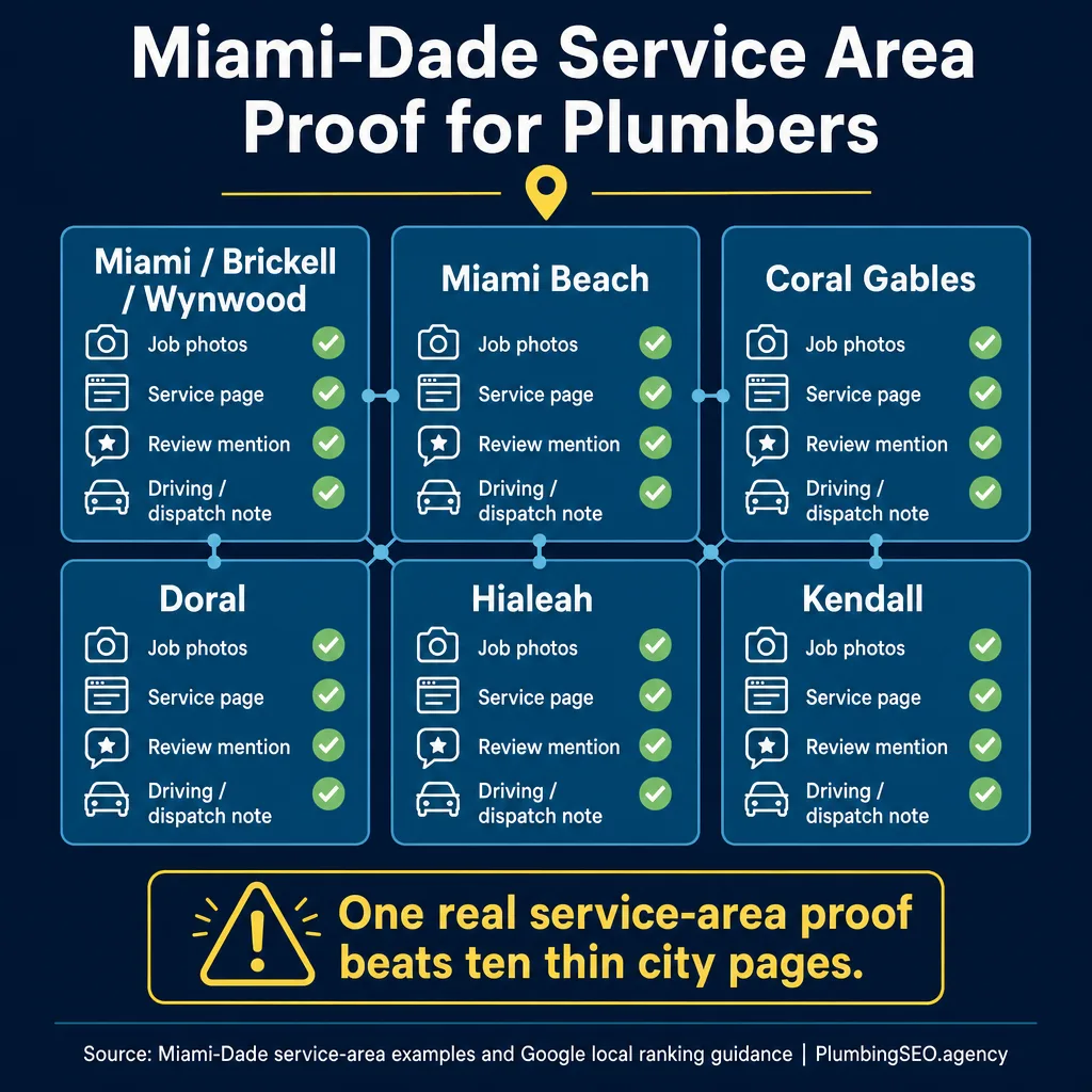 Miami-Dade plumbing service-area proof checklist for local SEO pages reviews and job photos