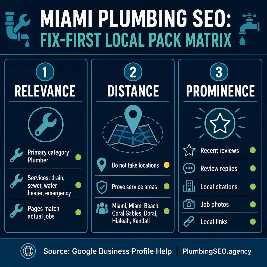 Miami plumbing SEO local pack fix-first matrix