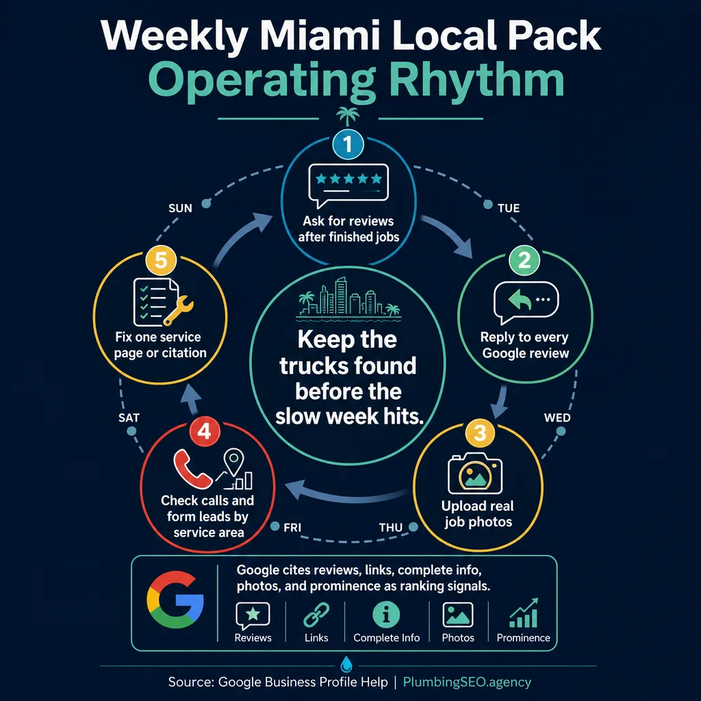 Weekly Miami local pack operating rhythm for plumbers reviews photos calls service pages and citations