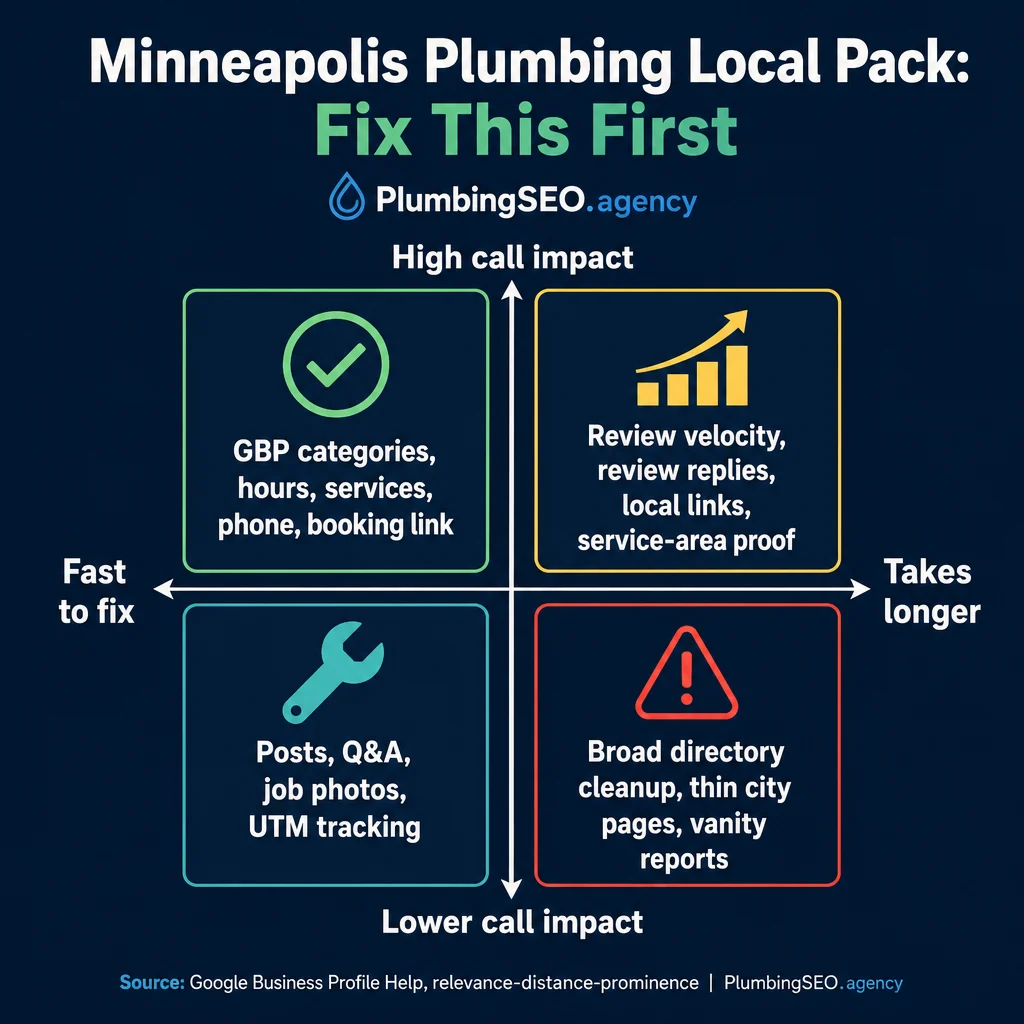 Priority matrix showing which Minneapolis plumbing SEO local pack fixes to handle first