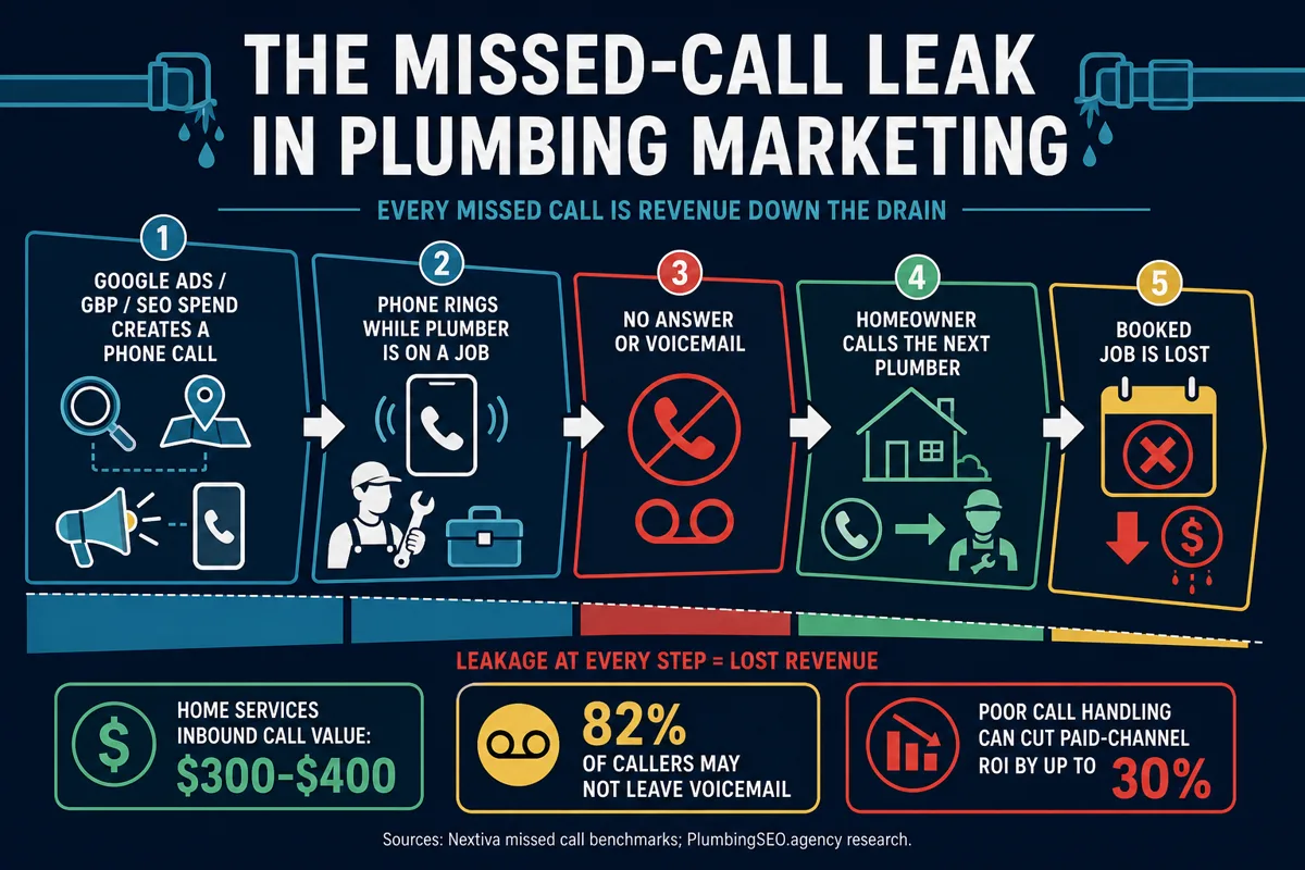 Missed-call leak funnel showing SEO and ads creating a plumbing phone call that becomes lost revenue when no one answers