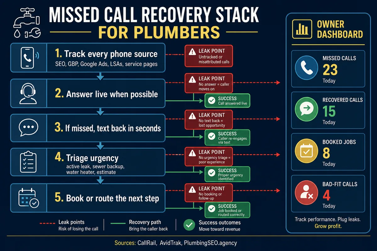 Five-step missed call recovery workflow for plumbers from call detection and text-back through triage, booking, and outcome tracking