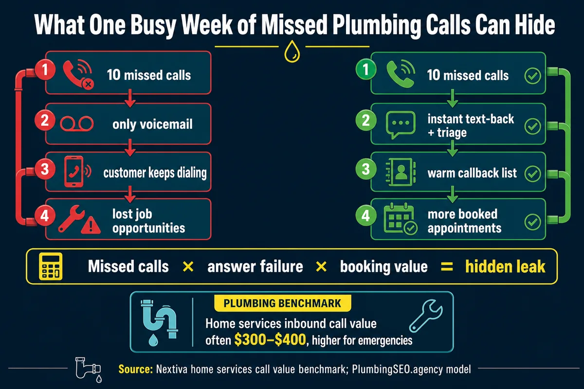 Missed plumbing call calculator comparing potential revenue leakage with the booked-job opportunity from text-back and triage
