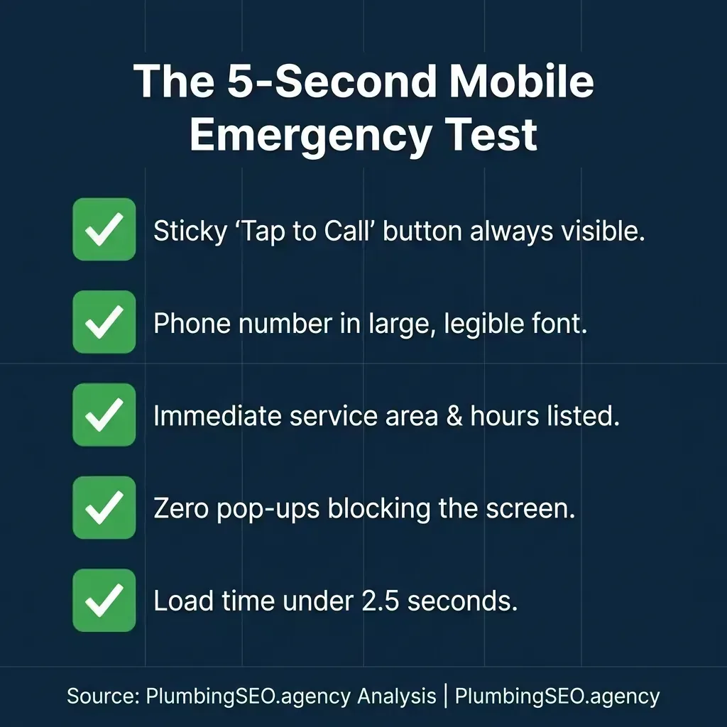 Infographic showing the 5-second mobile emergency test checklist: Sticky Tap to Call button, Large Phone Number, Immediate Service Area, Zero Popups, and Sub 2.5s Load Time