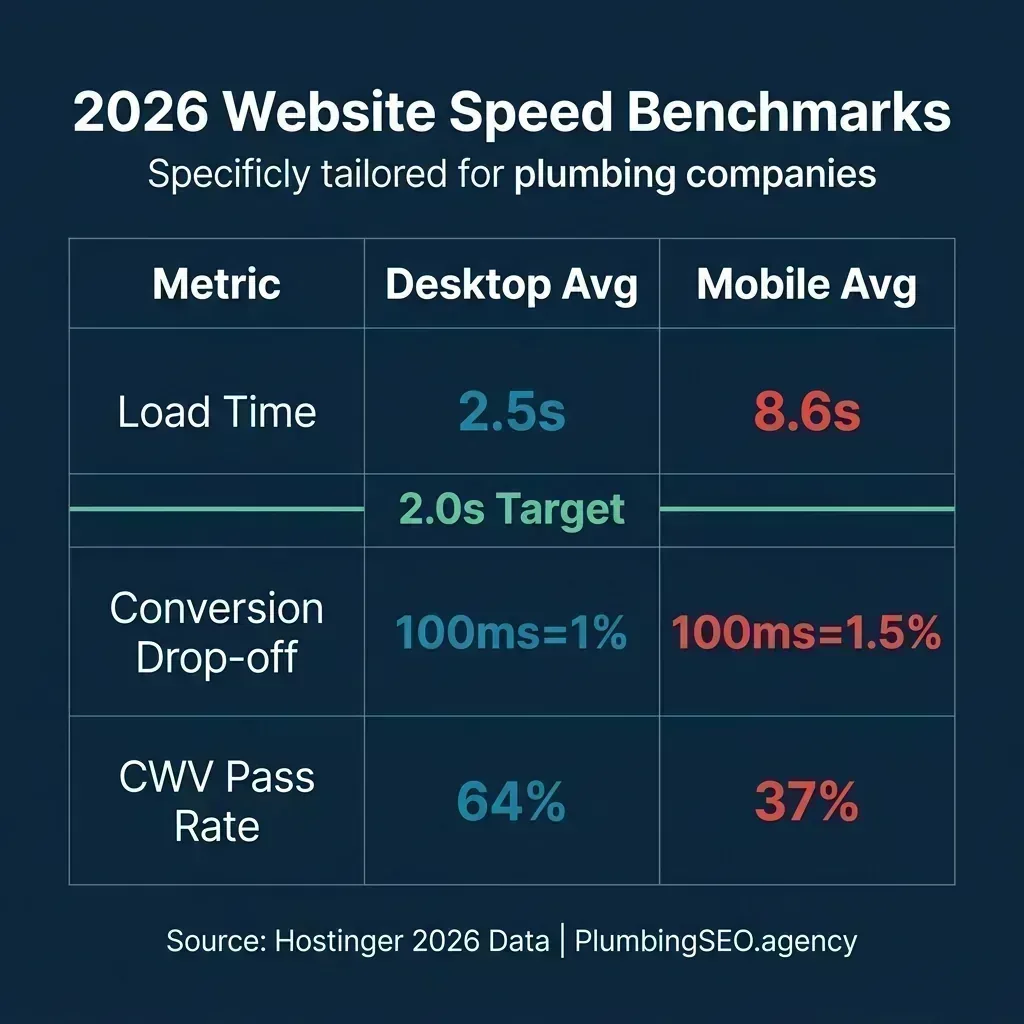 Infographic comparing 2026 website speed benchmarks. Desktop average is 2.5s, mobile average is 8.6s, while the target is 2.0s.