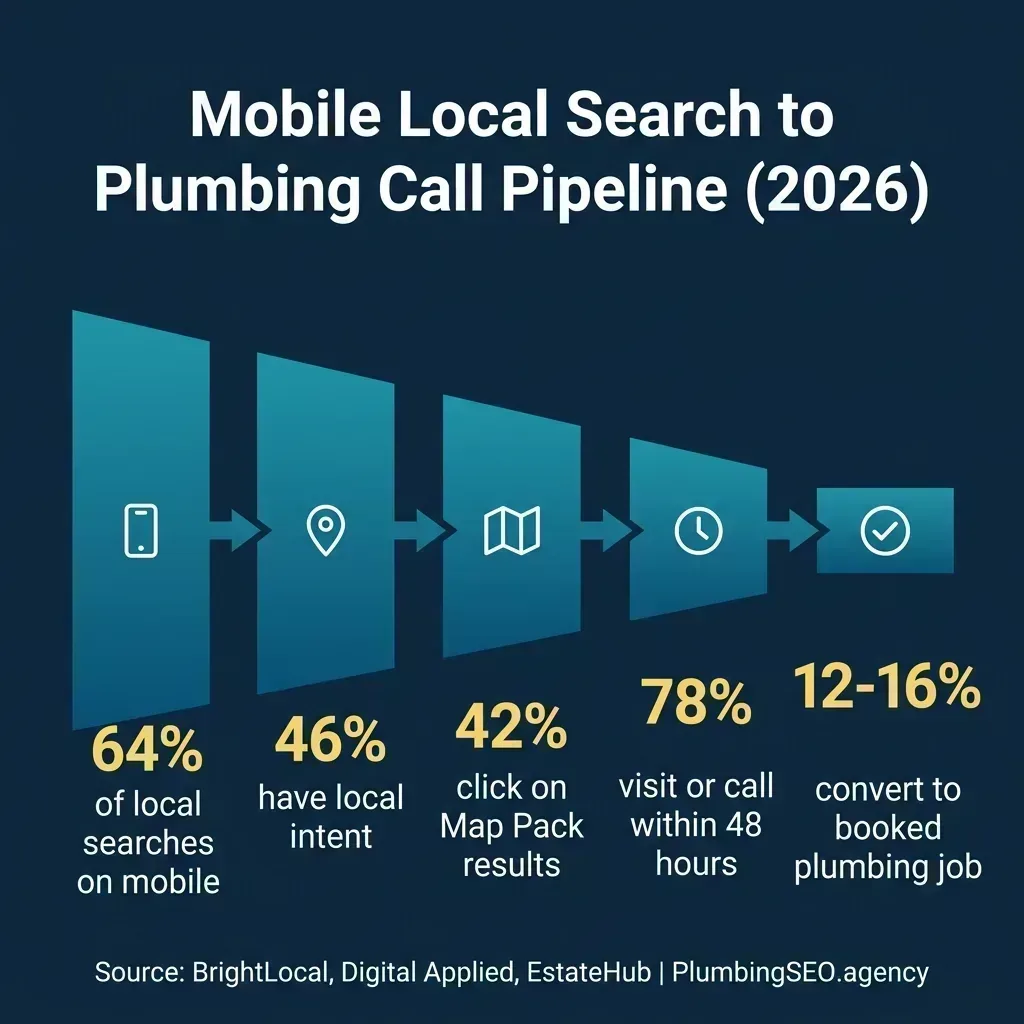 Horizontal pipeline showing mobile local search to plumbing job conversion: 64% on mobile, 46% local intent, 42% click map pack, 78% call within 48 hours, 12-16% convert to booked job