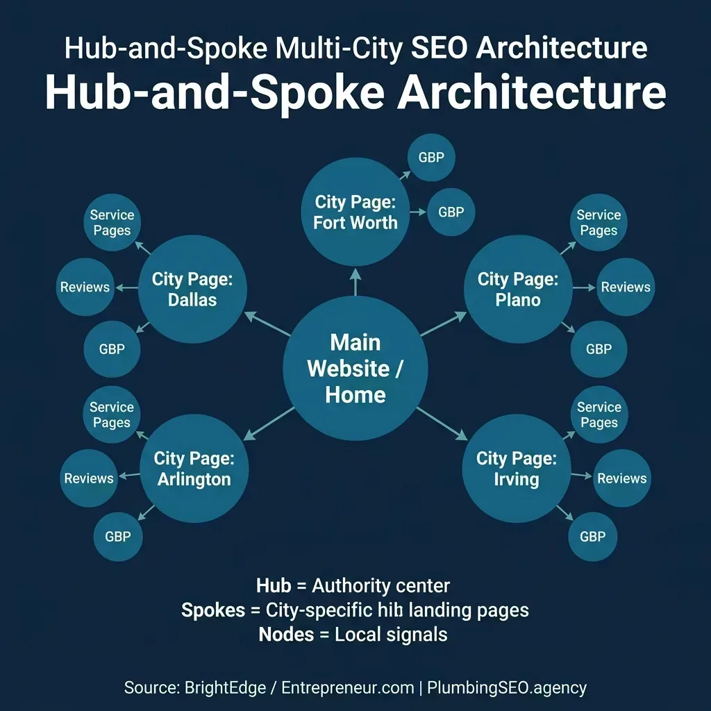 Hub-and-spoke diagram showing main website connected to 5 city pages, each with their own service pages, reviews, and GBP