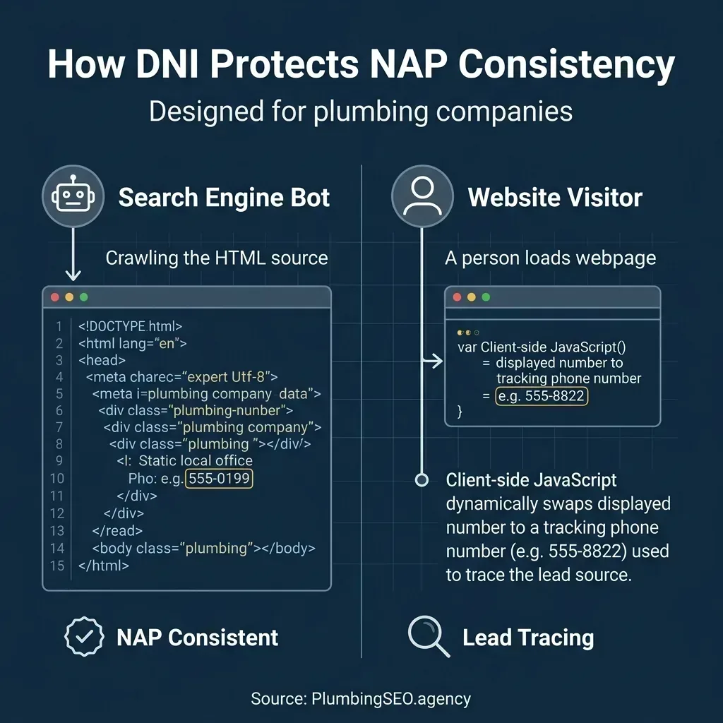 Dynamic Number Insertion DNI architecture showing how Googlebot crawls the canonical number while users see a tracking number