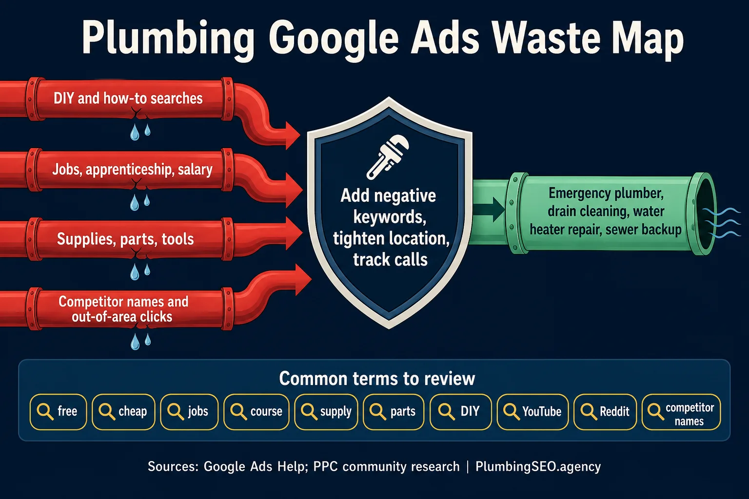 Plumbing Google Ads waste map showing how negative keywords block job searches DIY queries and out-of-area clicks