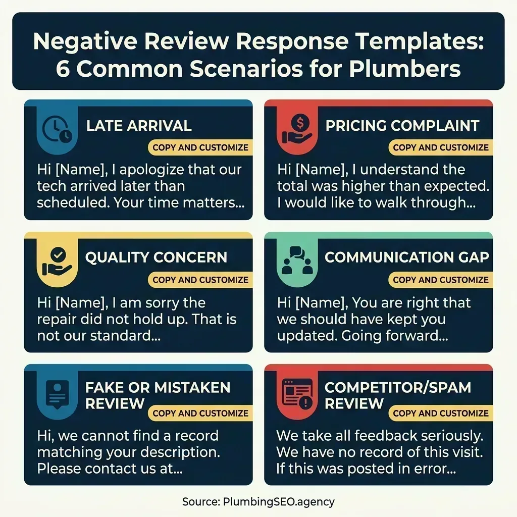Infographic showing 6 negative review response template scenarios for plumbers: late arrival, pricing complaint, quality concern, communication gap, fake review, competitor spam