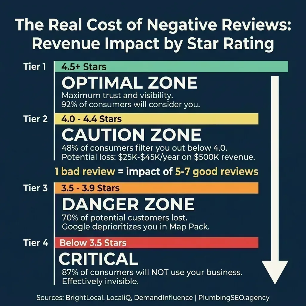 Infographic showing revenue impact of negative Google reviews by star rating tier, from optimal zone at 4.5+ stars down to critical below 3.5 stars