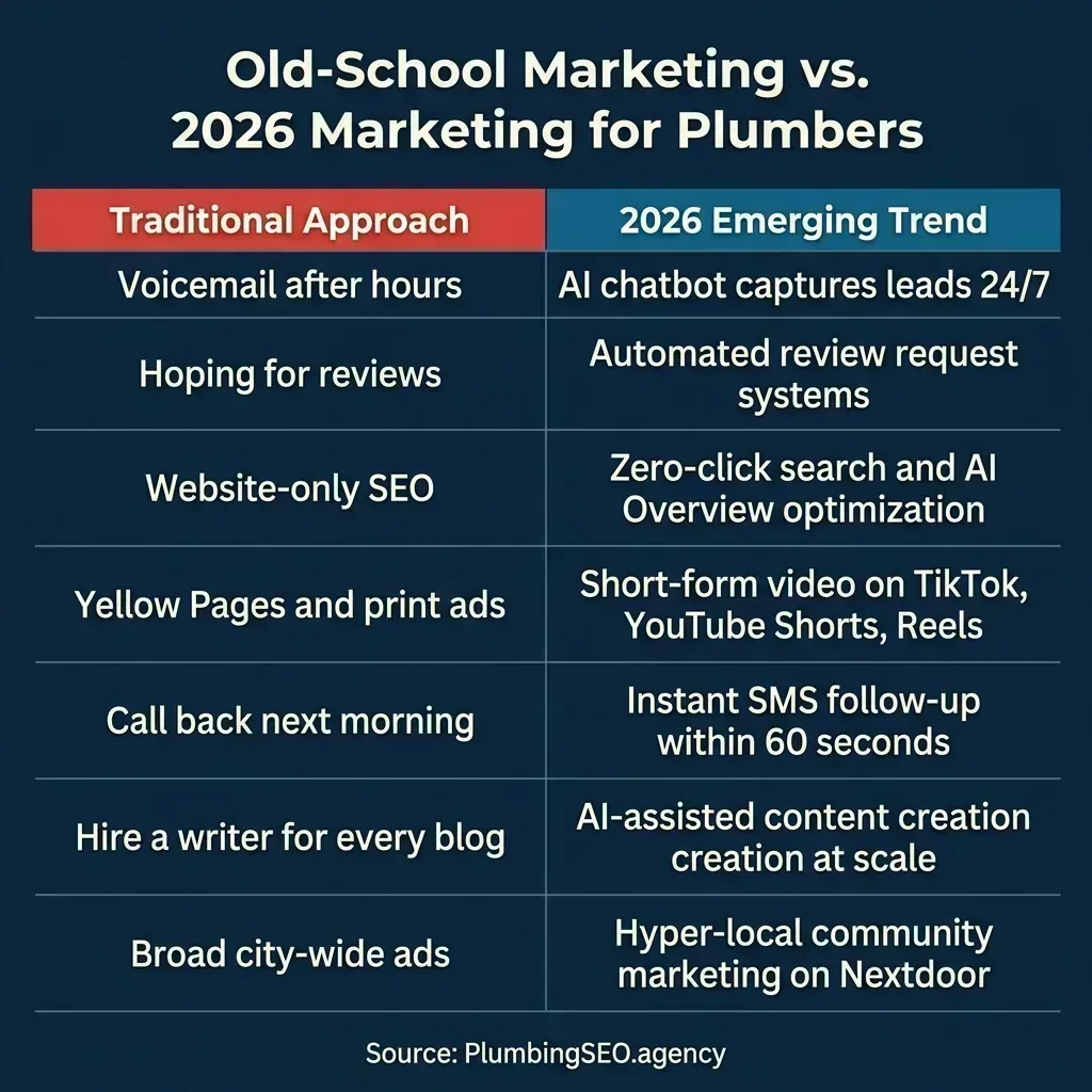 Old-School Marketing vs 2026 Marketing for Plumbers comparison chart showing 7 key differences