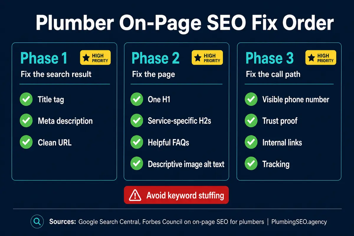 Checklist infographic showing the order plumbers should fix on-page SEO: title tag, meta description, URL, H1, service H2s, FAQs, alt text, phone number, trust proof, internal links, and tracking.