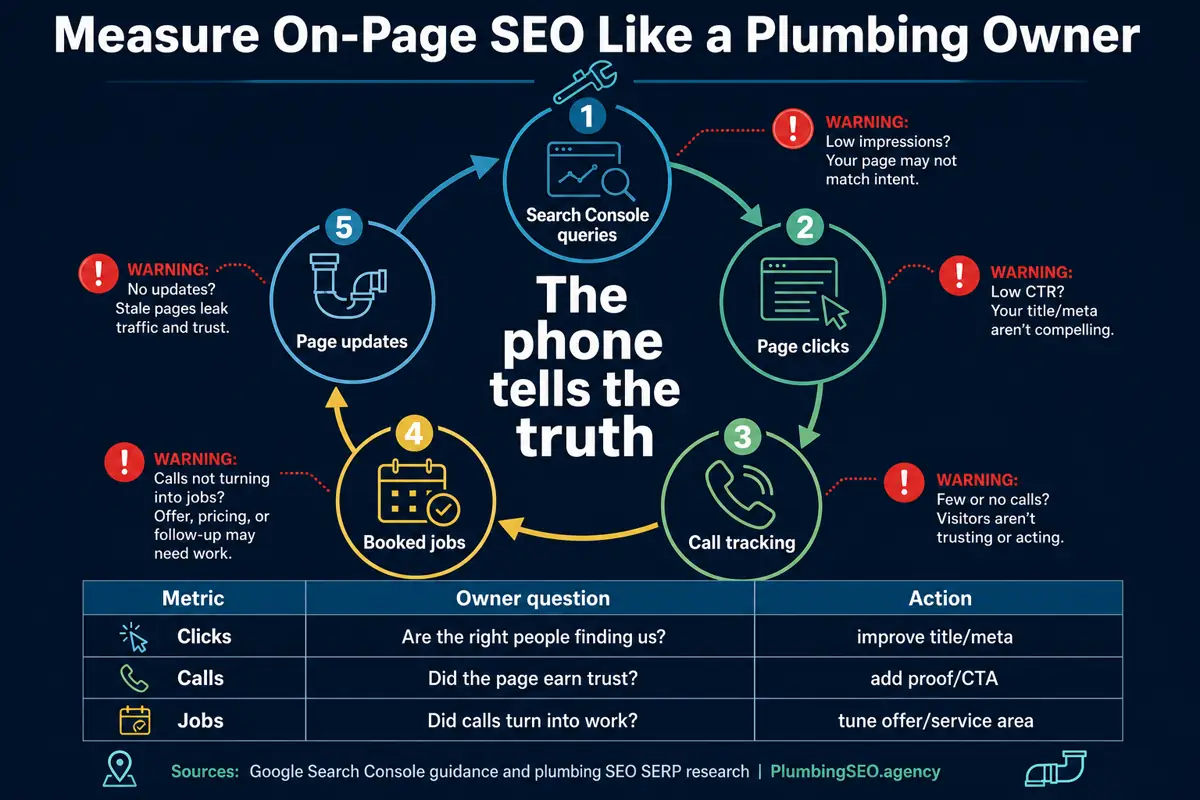 Infographic showing how plumbing owners measure on-page SEO with Search Console queries, page clicks, call tracking, booked jobs, and page updates.