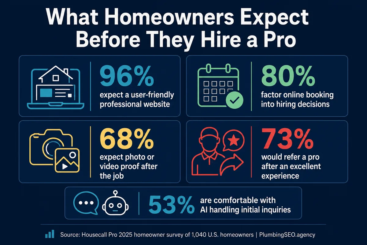 Homeowner expectations infographic showing website, online booking, photo proof, referral, and AI inquiry comfort benchmarks for home service companies.