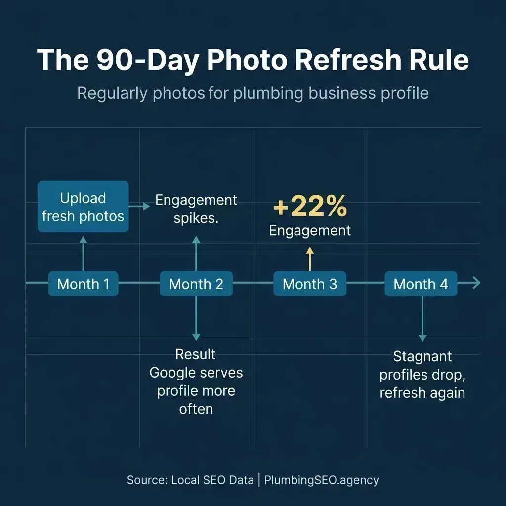 Timeline showing a 22 percent engagement increase when plumbing photos are updated every 90 days