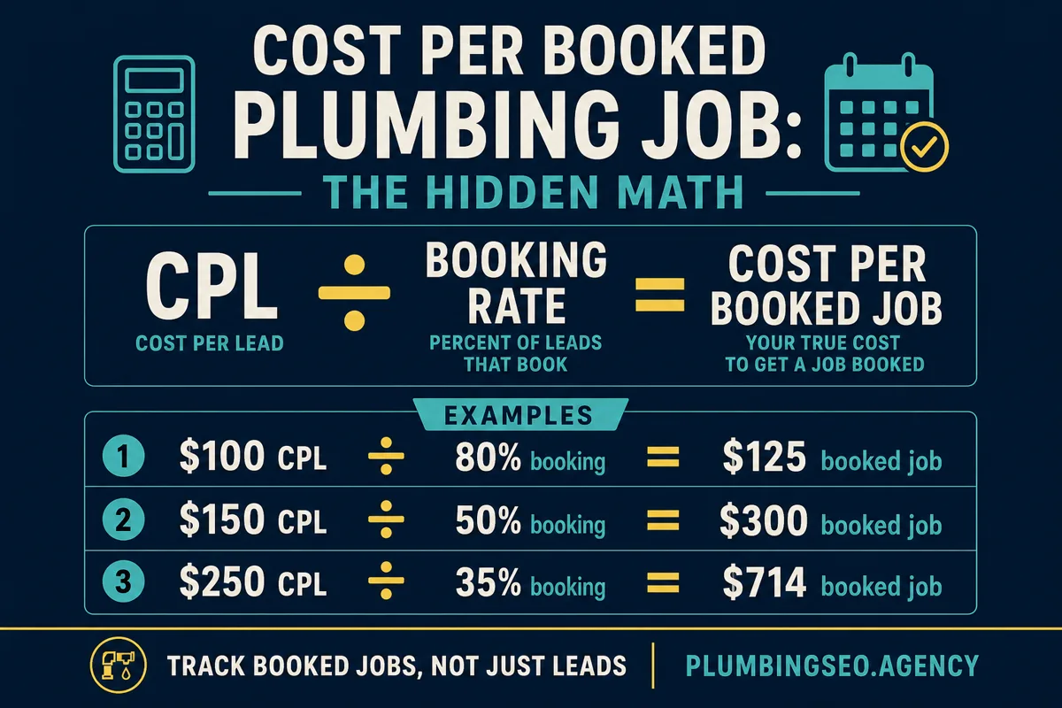 Cost per booked plumbing job formula showing CPL divided by booking rate