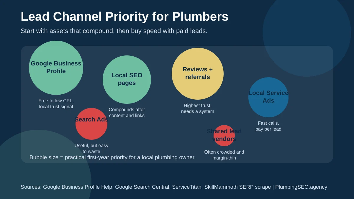 Plumbing lead channel priority chart comparing Google Business Profile, local SEO, reviews, local service ads, search ads, and shared lead vendors