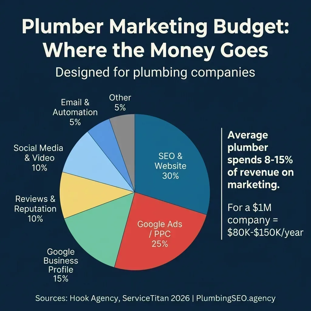 Pie chart showing plumber marketing budget allocation: SEO and Website 30%, Google Ads PPC 25%, Google Business Profile 15%, Reviews and Reputation 10%, Social Media and Video 10%, Email and Automation 5%, Other 5%. Average plumber spends 8-15% of revenue on marketing.