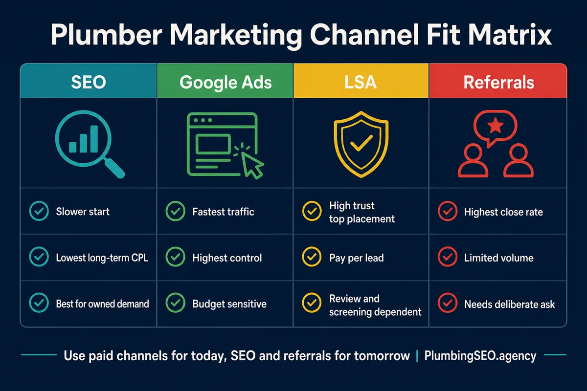Marketing channel fit matrix for plumbers comparing SEO, Google Ads, LSA, and referrals