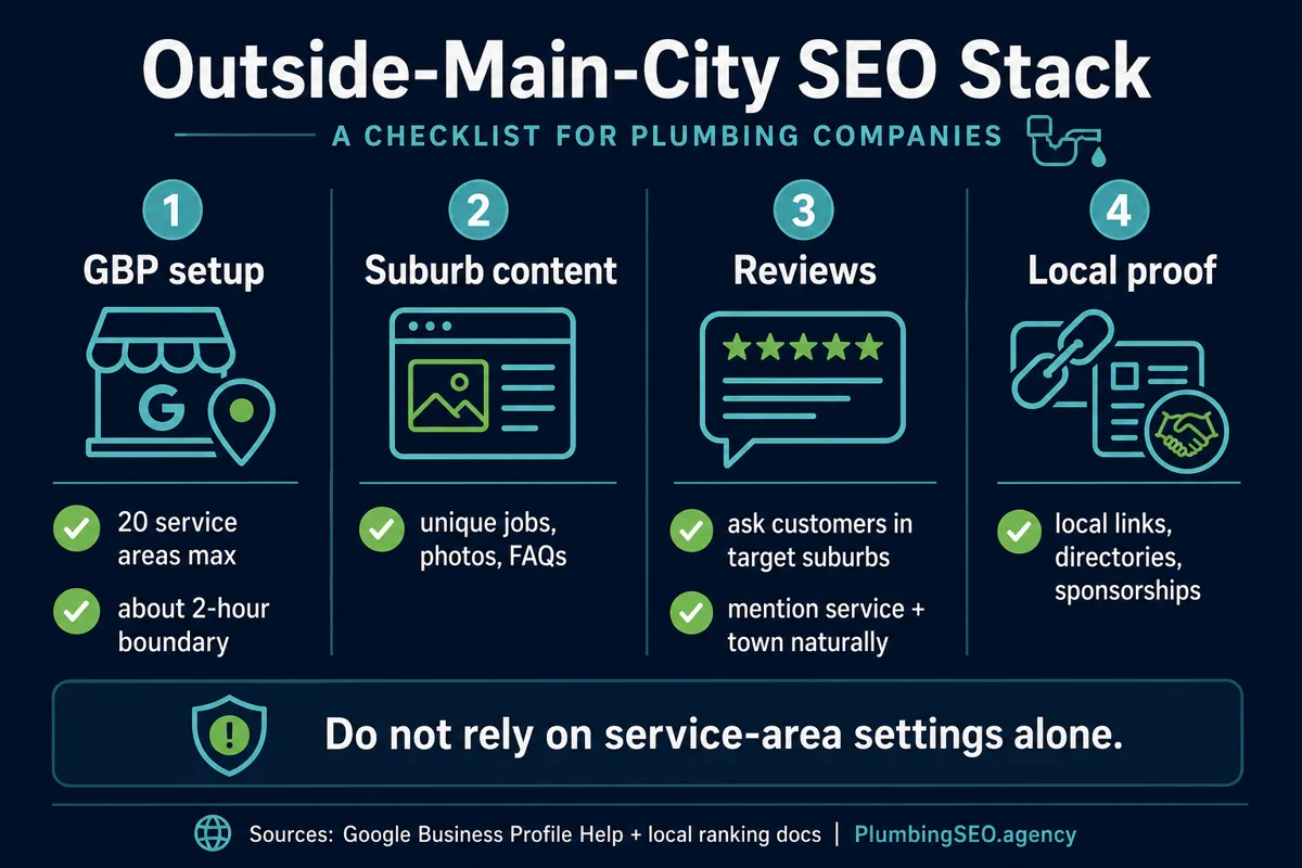 Checklist infographic showing GBP setup, suburb content, reviews, and local proof for plumbers ranking outside their main city
