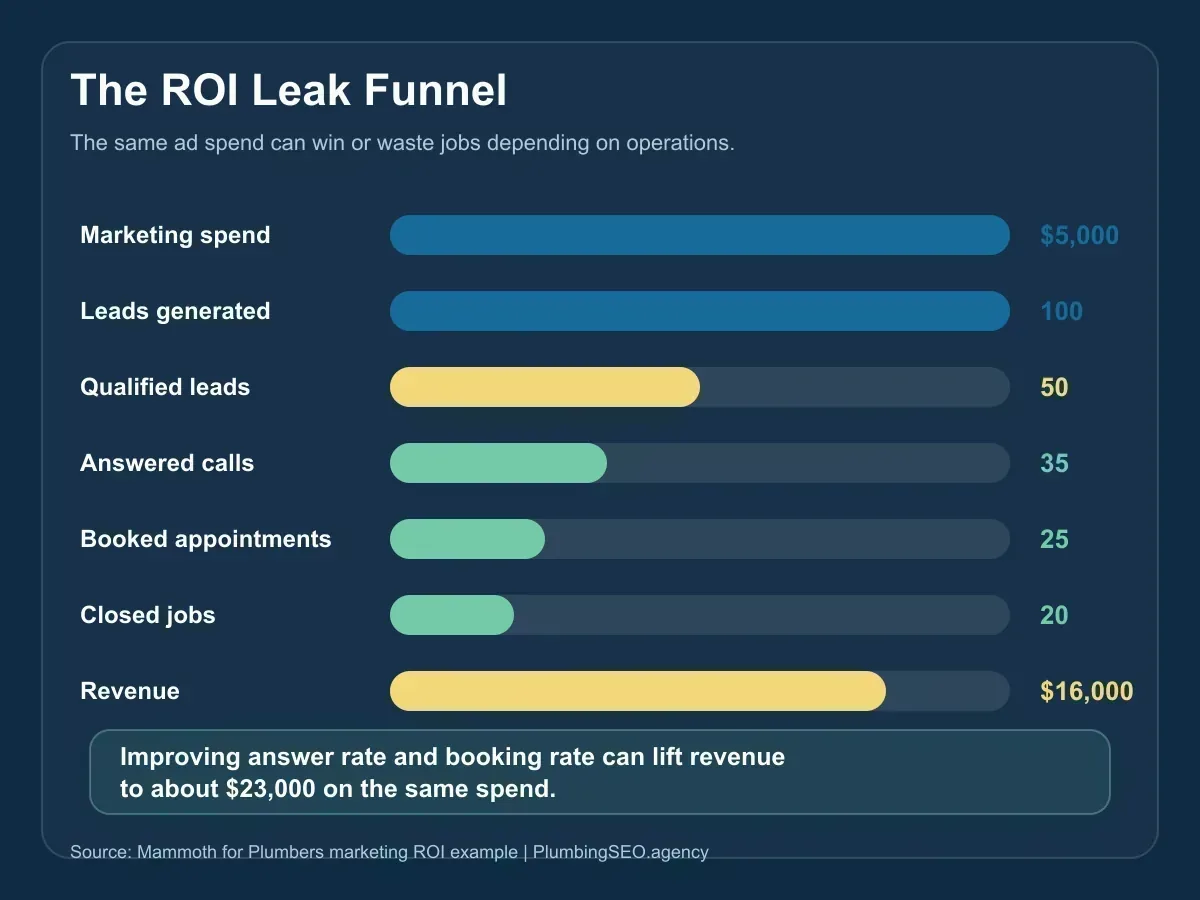 Infographic showing a plumbing ROI funnel from 5000 dollars in spend to 100 leads, 50 qualified leads, 35 answered calls, 25 booked appointments, 20 closed jobs, and 16000 dollars in revenue