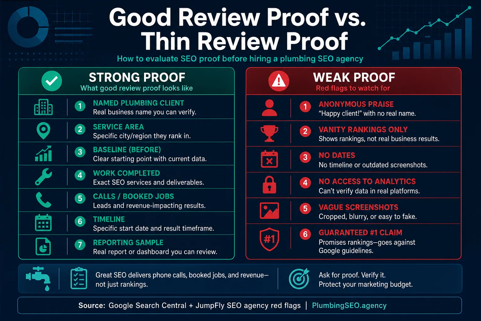 Strong versus weak plumber SEO agency review proof for calls, reports, timelines, and service areas