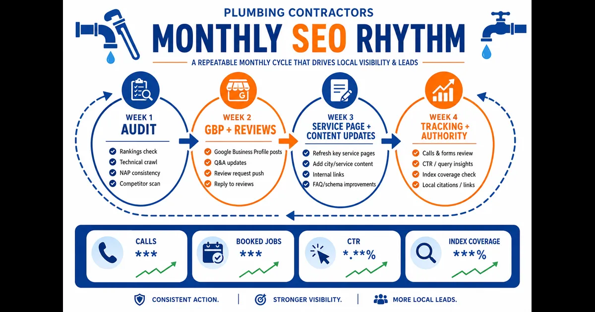 Monthly SEO rhythm for contractors showing weekly checks and quarterly booked job comparison