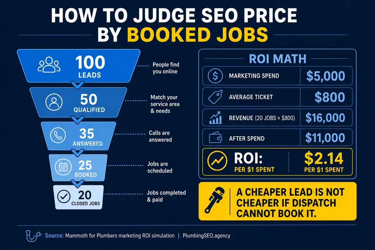 Plumber comparing plumbing SEO service packages, monthly cost, booked job value, and return on investment