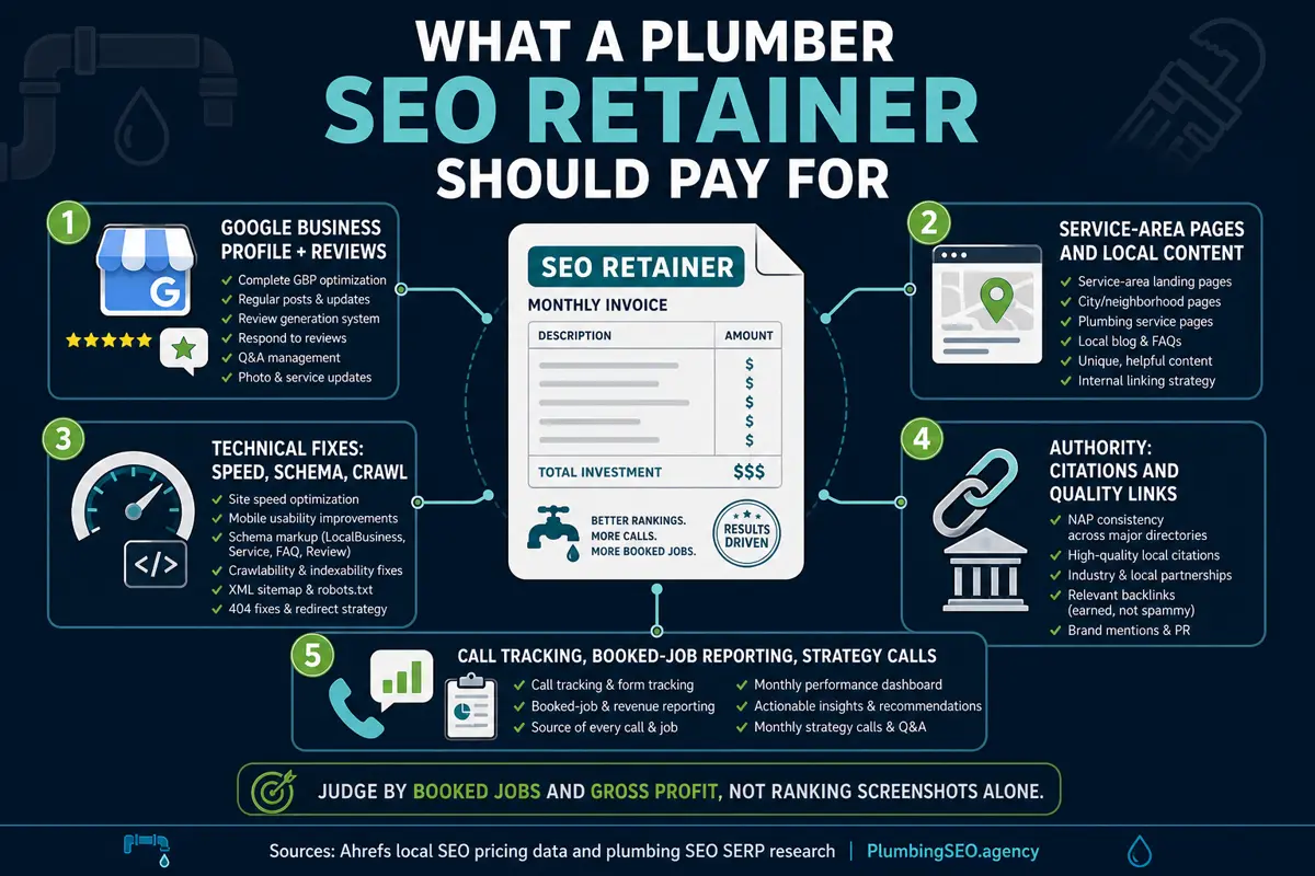 Infographic showing what a plumber SEO retainer should pay for including Google Business Profile, content, technical fixes, authority, and reporting