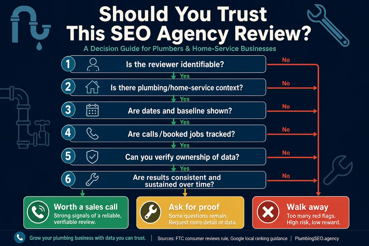 Decision tree for checking plumber SEO reviews across public profiles, case studies, and owned data