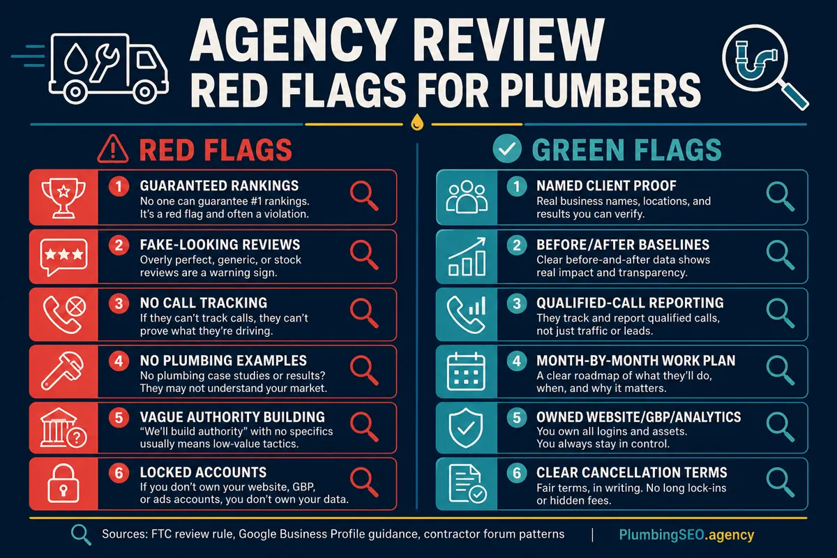 Plumber SEO review checklist showing vague testimonials and ranking guarantees as red flags