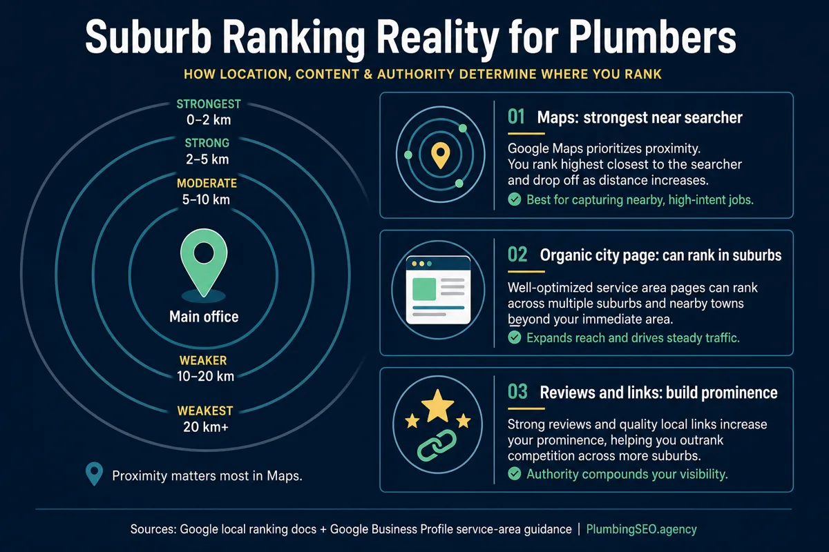 Plumber suburb SEO ranking reality outside the main city