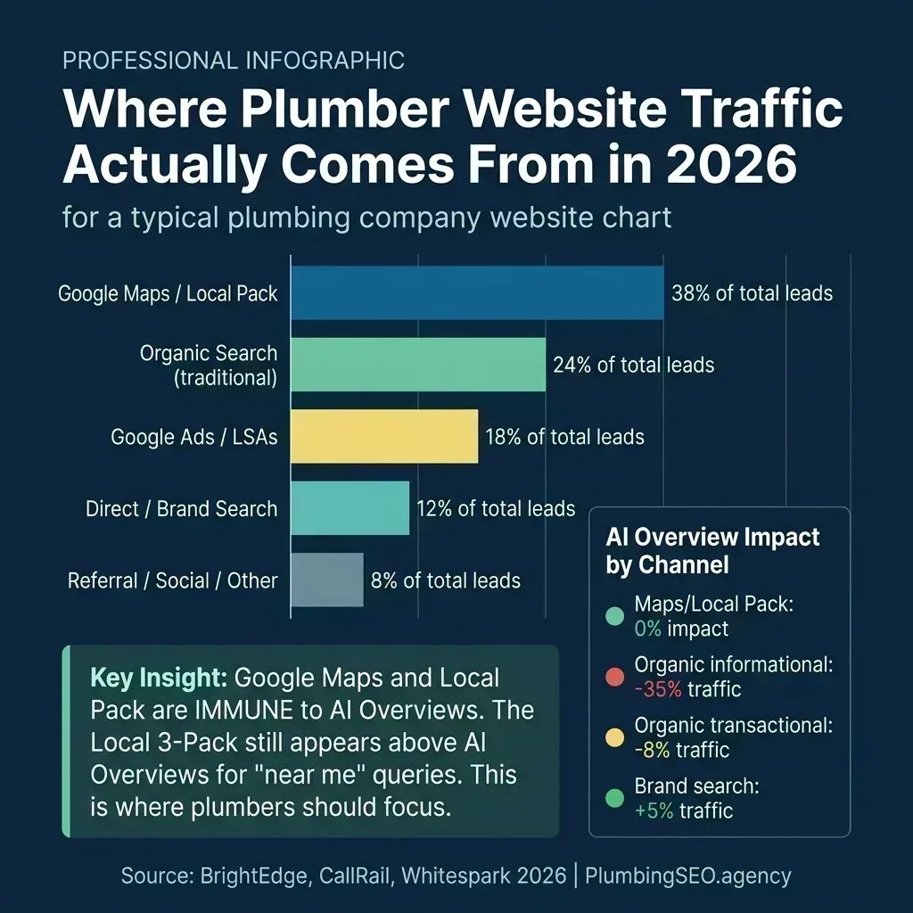 Plumber website traffic sources in 2026: Google Maps 38%, Organic Search 24%, Google Ads/LSAs 18%, Direct/Brand 12%, Referral/Social 8%