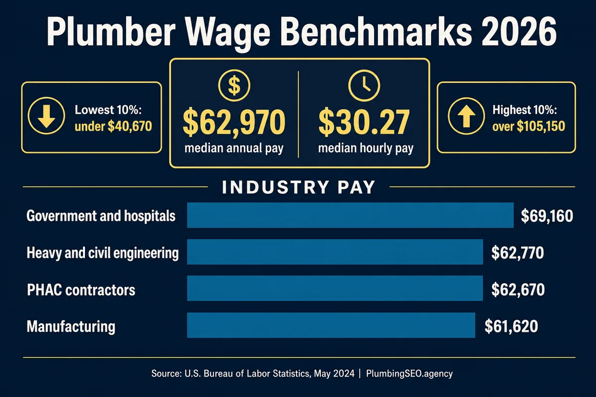 Plumber wage benchmarks infographic showing median pay, top and bottom wage ranges, and industry pay for 2026 planning