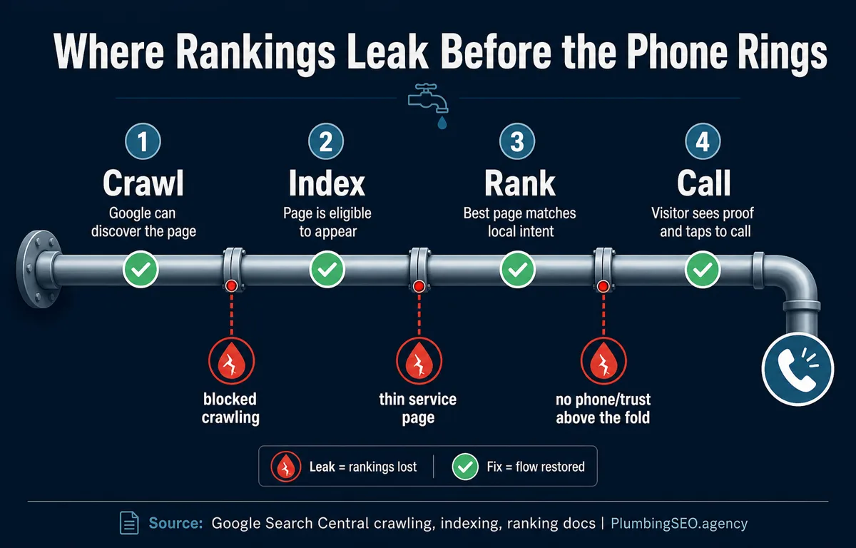 Crawl index rank call pipeline for a plumber website that is not ranking