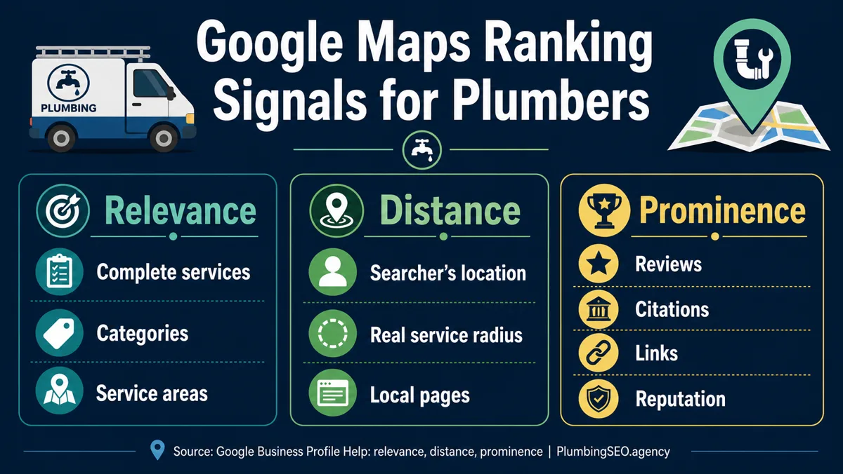 Google Maps ranking signals for plumbers showing relevance distance and prominence factors
