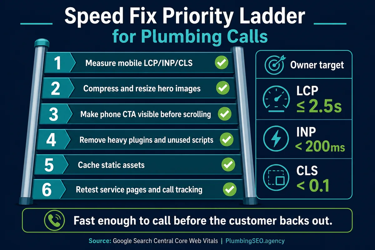 Speed fix priority ladder for plumbing calls with Core Web Vitals targets and first fixes